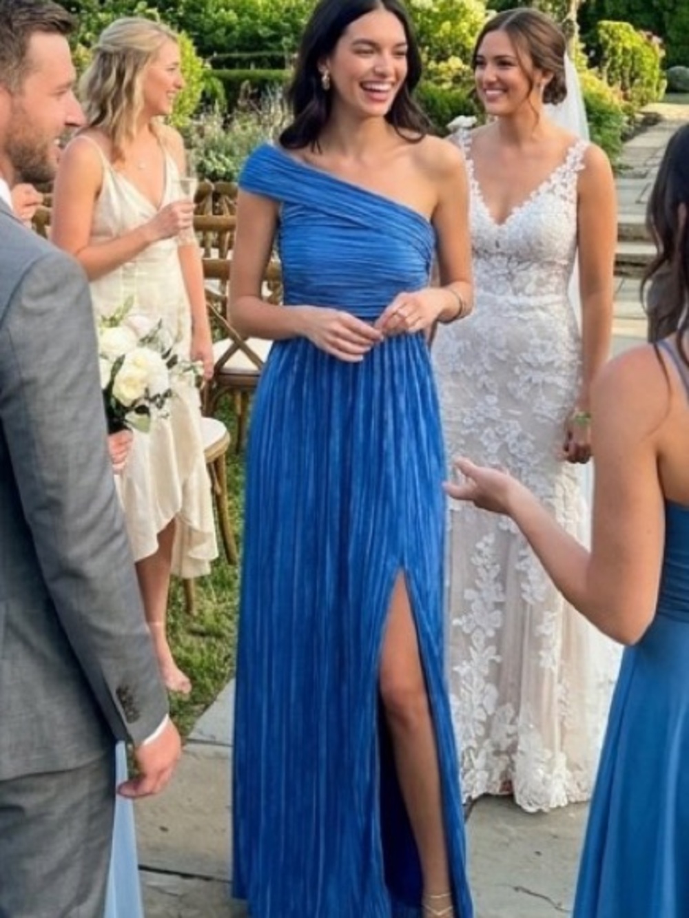 New Lulus Poised Performance One-Shoulder Blue Pleated Evening Dress Sz XS